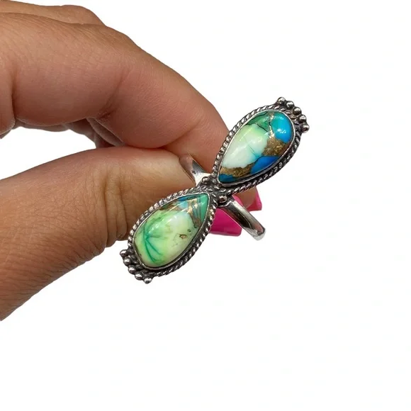 Peacock Dahlia Kingman Turquoise Ring Size 10.5 Solid 925 Sterling Silver Green - Picture 6 of 9